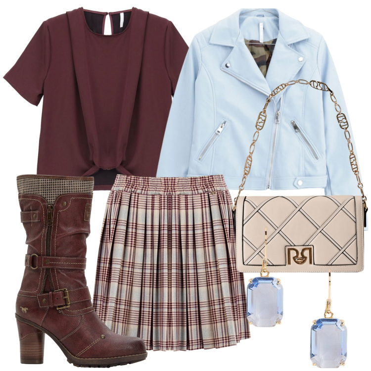 Outfit donna - September Tartan. Stile Boho per Tutti i giorni. Abbinamento con stivali, minigonne, borse a tracolla, blazer, bluse, orecchini.