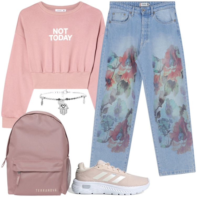 Outfit donna - Ritorno a scuola!. Stile Casual per Scuola/Università. Abbinamento con zaini, felpe, jeans dritti, braccialetti, sneakers.