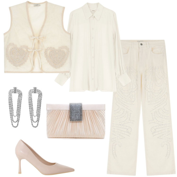 Outfit donna - Cerimonia informale a settembre. Stile Chic per Cerimonia. Abbinamento con orecchini, décolleté, camicie, pantaloni, gilet, pochette.