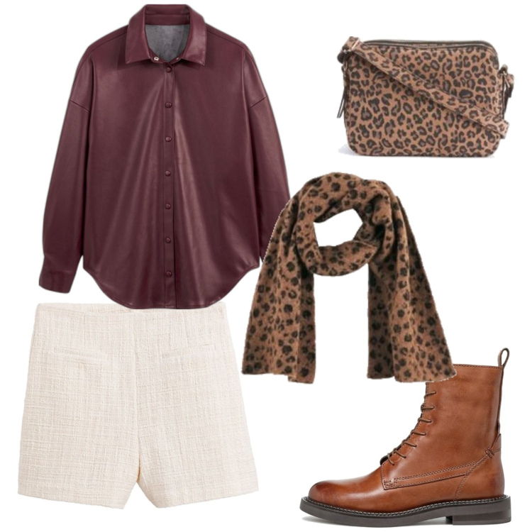 Outfit mujer - Trendy look. Estilo Trendy para Todos los días. Combinación con shorts, bolsos de mano, botines, camisas, bufandas.