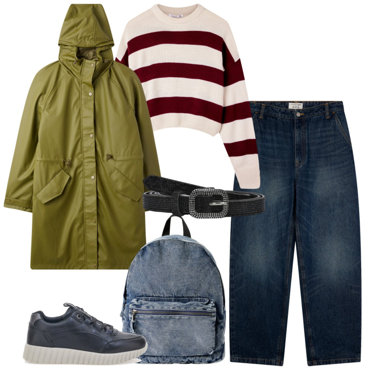 Outfit donna - Total look #2241041. Stile Casual per Scuola/Università. Abbinamento con cappotti, maglieria, cinture, zaini, jeans, sneakers.
