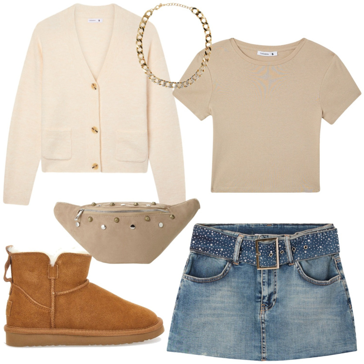 Outfit donna - Fall styling. Stile Sporty chic per Tutti i giorni. Abbinamento con collane, cardigans, minigonne, t-shirt, marsupi, stivaletti.