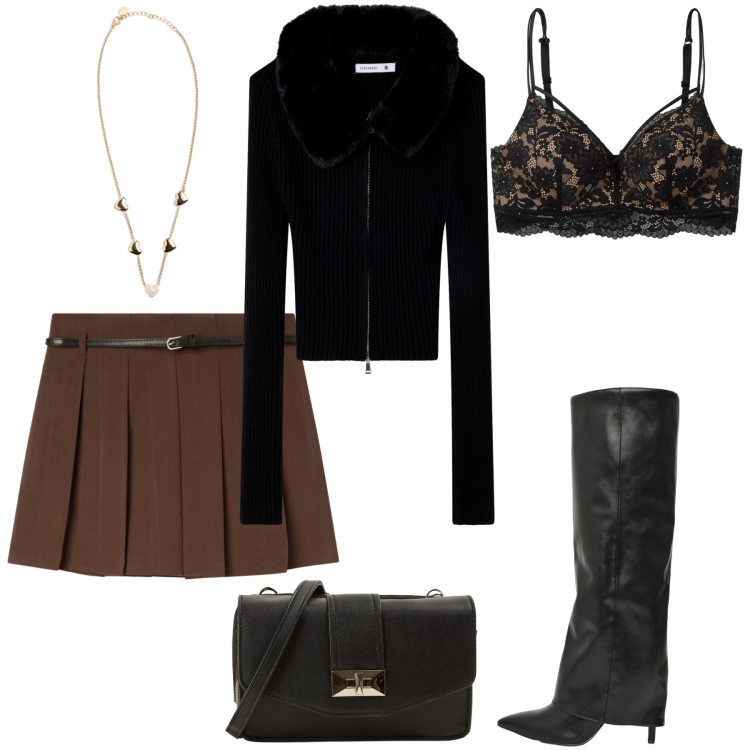 Outfit donna - Terranova - serata fuori. Stile Chic per Serata fuori. Abbinamento con reggiseni, borse a tracolla, minigonne, stivali, cardigans, collane.
