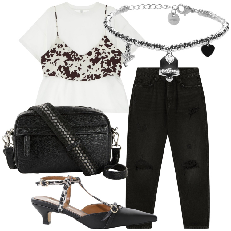 Outfit donna - Originale maglietta bra. Stile Trendy per Tutti i giorni. Abbinamento con borse a tracolla, jeans mom, décolleté, t-shirt, braccialetti.