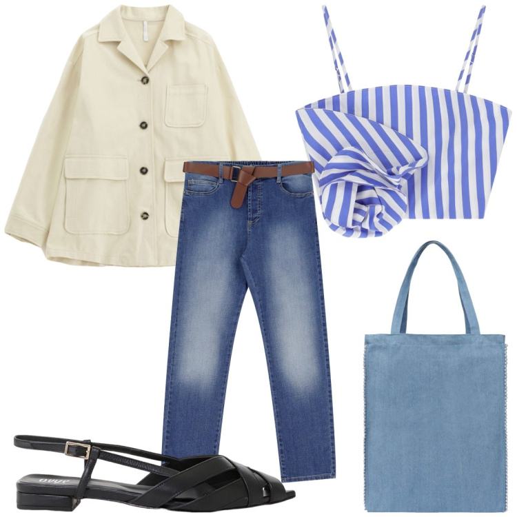 Outfit donna - Il giubbino leggero: meglio se è low cos. Stile Trendy per Tutti i giorni. Abbinamento con borse tote, jeans dritti, cappotti, canottiere, sandali.