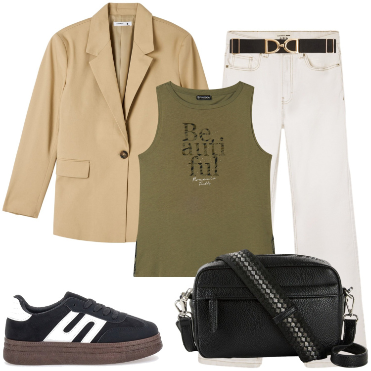 Outfit donna - Look black e green. Stile Casual per Tutti i giorni. Abbinamento con borse a tracolla, jeans bootcut, blazer, cinture, canottiere, sneakers.