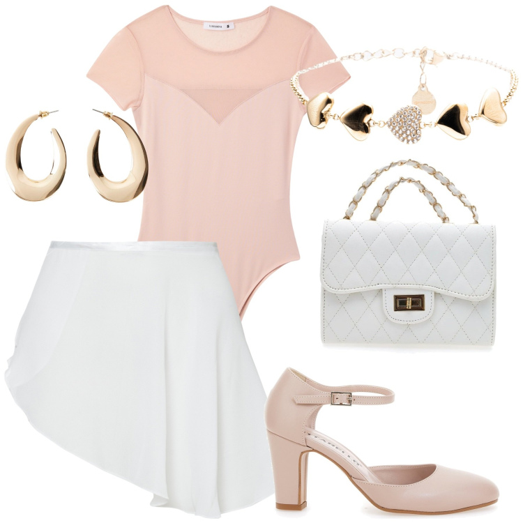 Outfit donna - Disco-pink. Stile Chic per Serata fuori. Abbinamento con orecchini, body, minigonne, braccialetti, décolleté, borse a tracolla.