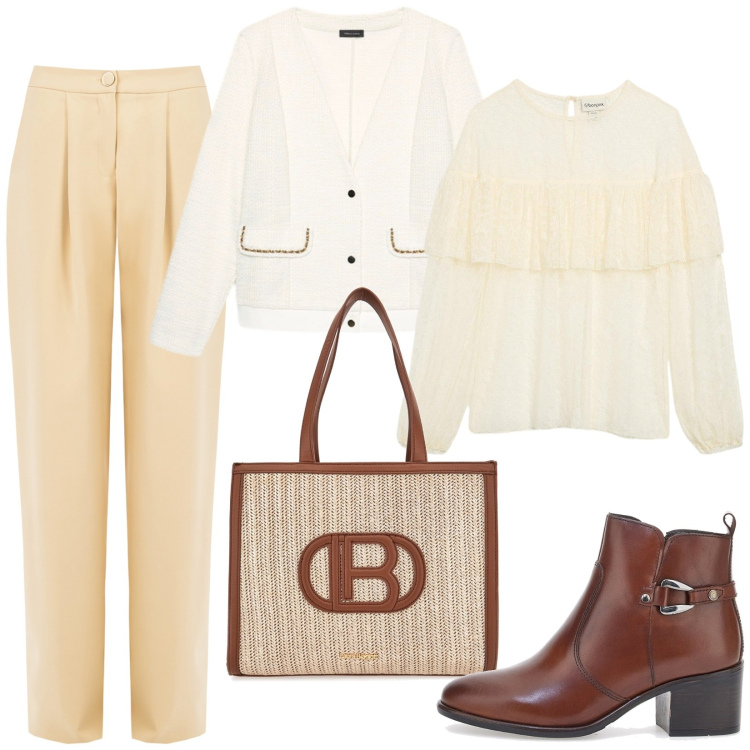 Outfit donna - Total look #2241084. Stile Casual chic per Ufficio. Abbinamento con bluse, pantaloni, stivaletti, borse a spalla, blazer.