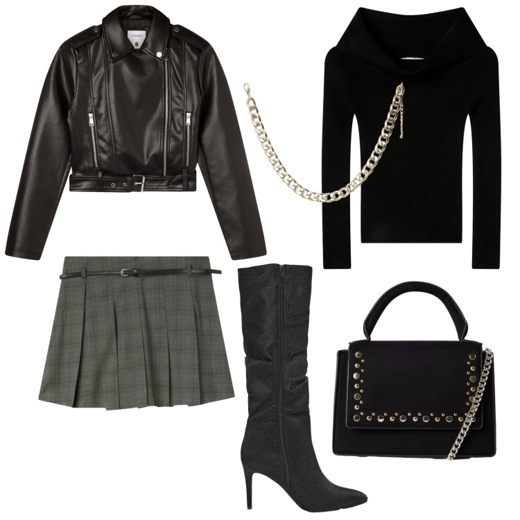 Outfit donna - Terranova - serata fuori. Stile Rock per Serata fuori. Abbinamento con maglieria, collane, borse a tracolla, giacche, minigonne, stivali.