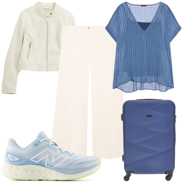 Outfit donna - Il giubbino leggero: in partenza!. Stile Trendy per Tutti i giorni. Abbinamento con sneakers, giacche, bluse, valigie, pantaloni a palazzo.