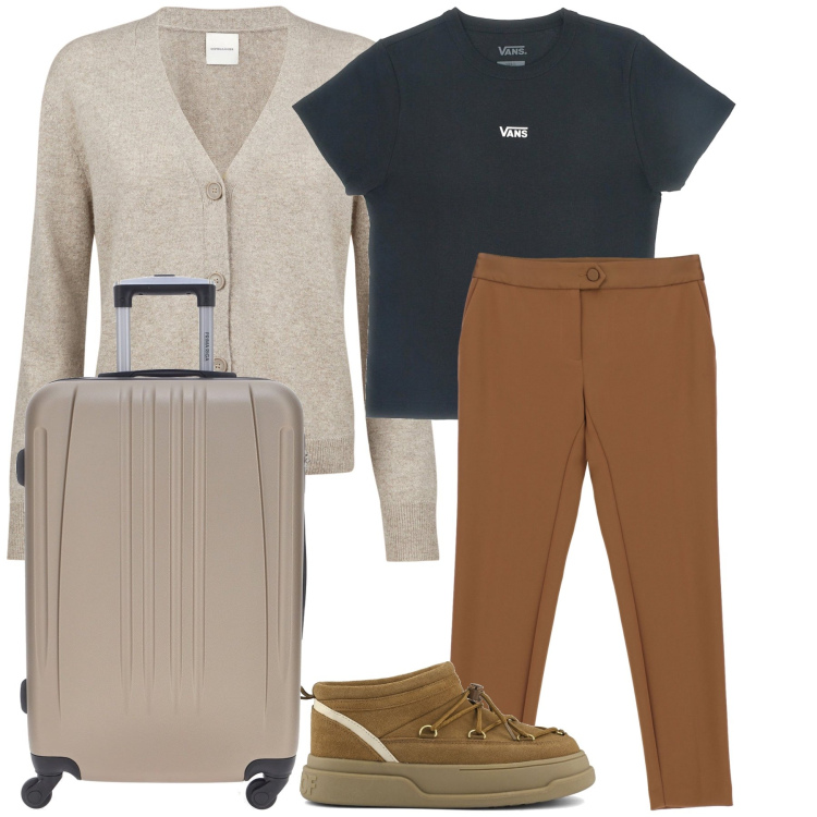 Outfit donna - Vacanza al fresco di settembre. Stile Basic per Tutti i giorni. Abbinamento con pantaloni, cardigans, stivaletti, valigie, t-shirt.