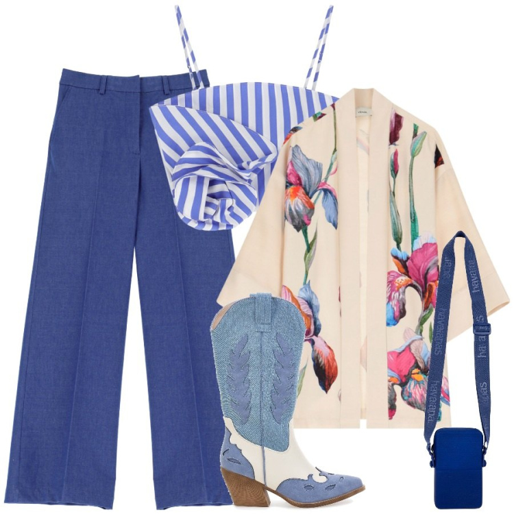 Outfit donna - Il blu che sa ancora di mare. Stile Etnico per Mare. Abbinamento con pantaloni a palazzo, canottiere, cappotti, stivaletti texani, borse a tracolla.