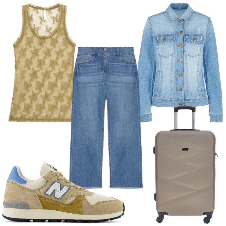 Outfit donna - Blazer session : in viaggio. Stile Trendy per Tutti i giorni. Abbinamento con blazer, sneakers, canottiere, valigie, jeans.