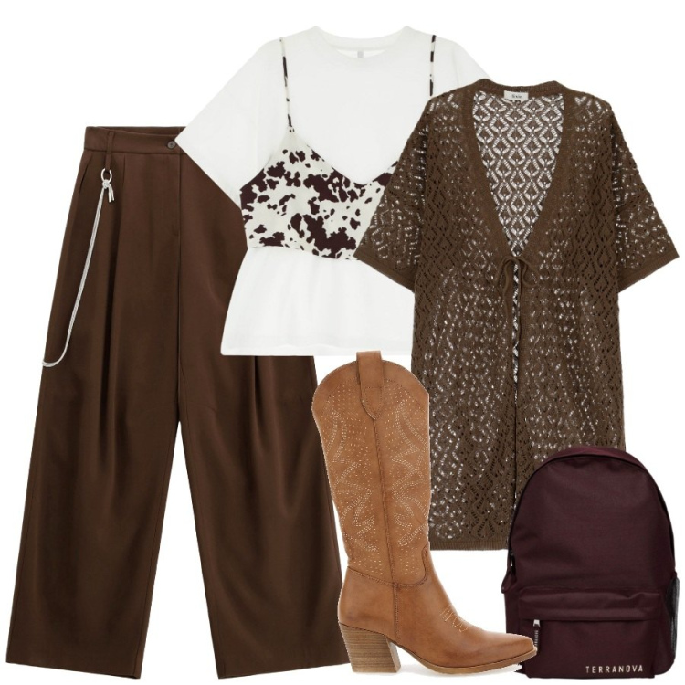 Outfit donna - Dubai chocolate. Stile Etnico per Mare. Abbinamento con zaini, t-shirt, pantaloni, trench, stivaletti texani.