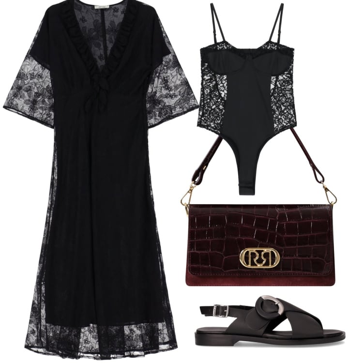 Outfit donna - Pizzo e tacchi bassi. Stile Chic per Serata fuori. Abbinamento con borse a mano, vestiti midi/longuette, body, sandali.