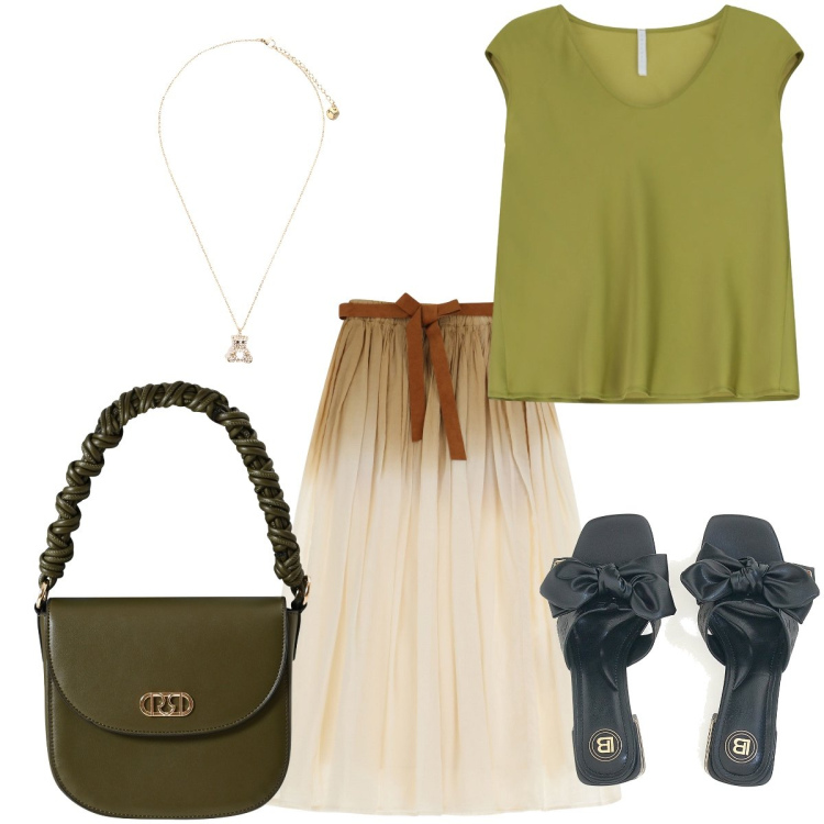 Outfit donna - A caccia di saldi. Stile Basic per Tutti i giorni. Abbinamento con borse a mano, top, ciondoli, gonne lunghe, ciabatte.