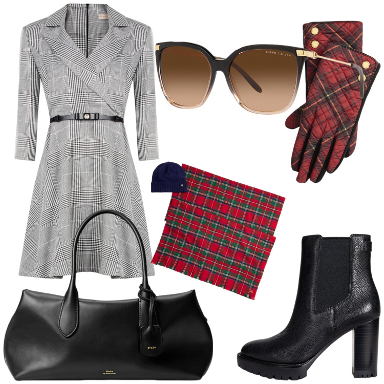 Outfit donna - Total look #2241110. Stile Chic per Ufficio. Abbinamento con vestiti corti, occhiali da sole, borse a mano, guanti, stivaletti chelsea, sciarpe.