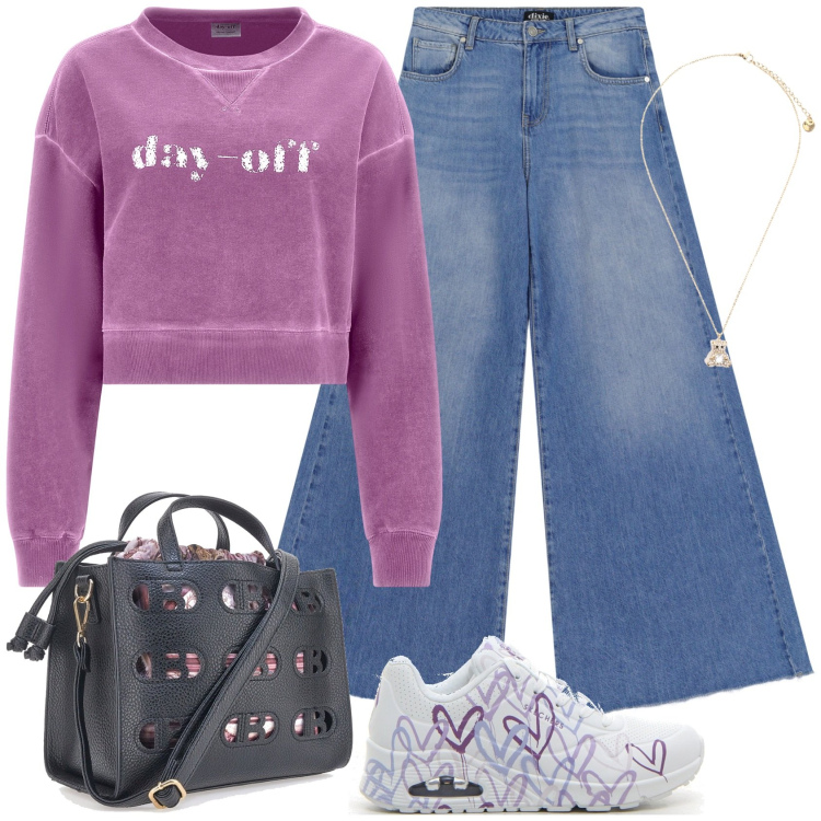Outfit donna - Si ritorna...A scuola!. Stile Casual chic per Scuola/Università. Abbinamento con felpe, ciondoli, jeans a zampa, borse a mano, sneakers.