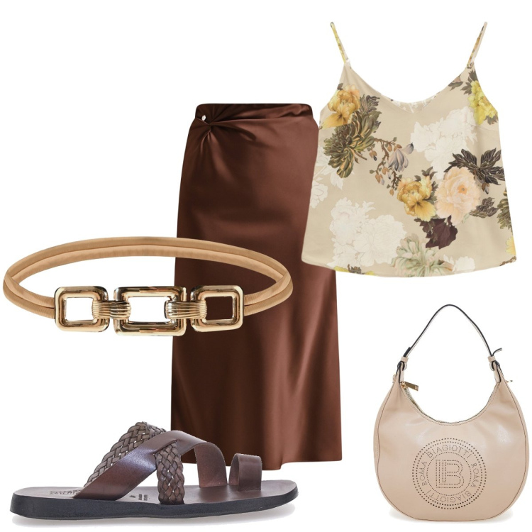 Outfit donna - Fine Agosto in città. Stile Casual chic per Tutti i giorni. Abbinamento con gonne longuette, cinture, top, borse a spalla, ciabatte.