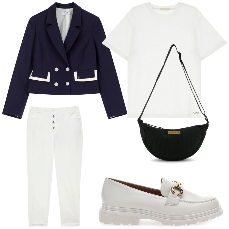 Outfit donna - Bianco e nero. Stile Chic per Ufficio. Abbinamento con blazer, t-shirt, mocassini, pantaloni, borse a tracolla.