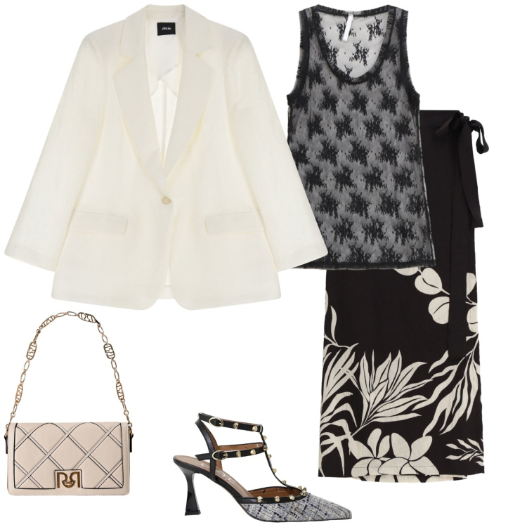 Outfit donna - Estate infinita. Stile Chic per Serata fuori. Abbinamento con borse a tracolla, canottiere, décolleté, blazer, gonne lunghe.