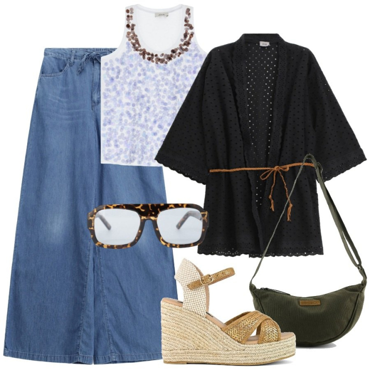 Outfit donna - Il jeans a settembre. Stile Etnico per Mare. Abbinamento con occhiali da sole, top, cappotti, jeans, zeppe, borse a tracolla.