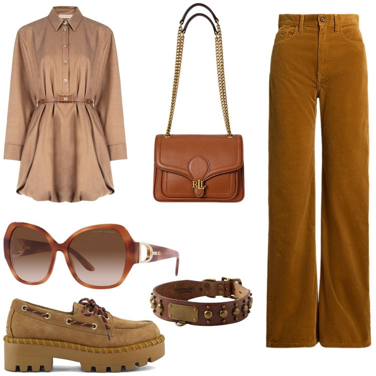 Outfit donna - Total look #2241141. Stile Casual chic per Tutti i giorni. Abbinamento con vestiti chemisier, occhiali da sole, borse a spalla, anelli, pantaloni, scarpe stringate.