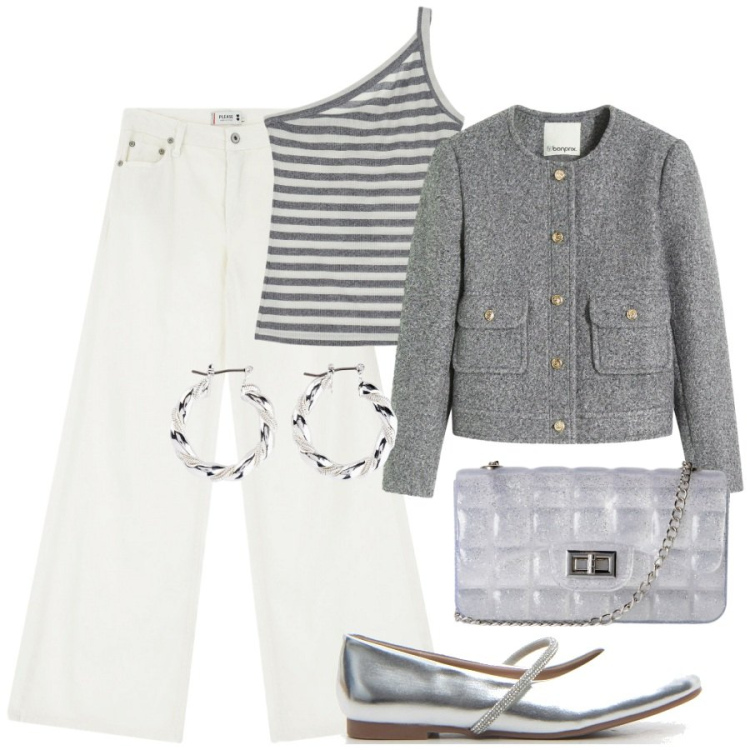 Outfit donna - Chic a settembre in bianco e grigio. Stile Chic per Tutti i giorni. Abbinamento con bomber, orecchini, borse a tracolla, pantaloni, top, ballerine.