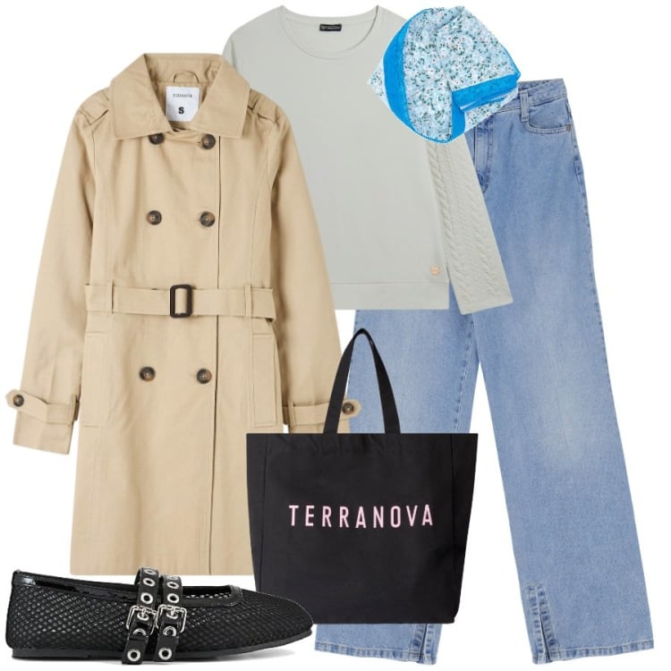 Outfit donna - Chic a settembre in jeans e trench. Stile Chic per Tutti i giorni. Abbinamento con trench, borse tote, jeans, felpe, ballerine, foulard.