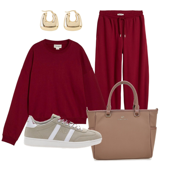 Outfit donna - Outfif facile e comodo. Stile Casual per Tutti i giorni. Abbinamento con felpe, orecchini, pantaloni, borse a tracolla, sneakers.