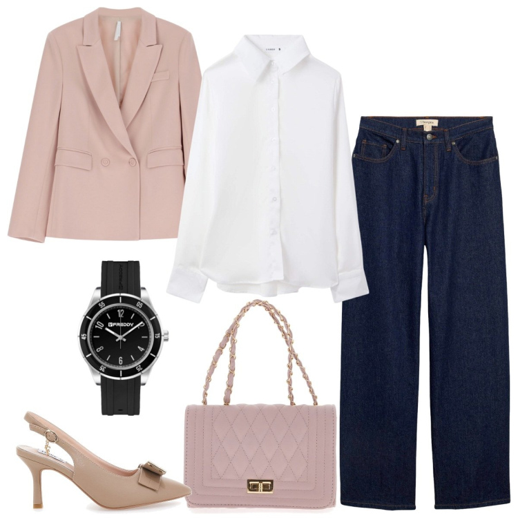 Outfit donna - In ufficio a settembre. Stile Mannish per Ufficio. Abbinamento con jeans, camicie, blazer, orologi, décolleté, borse a tracolla.