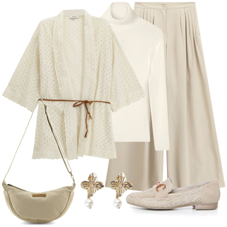 Outfit donna - Minimal chic. Stile Minimal per Tutti i giorni. Abbinamento con maglieria, pantaloni a palazzo, cappotti, orecchini, mocassini, borse a tracolla.