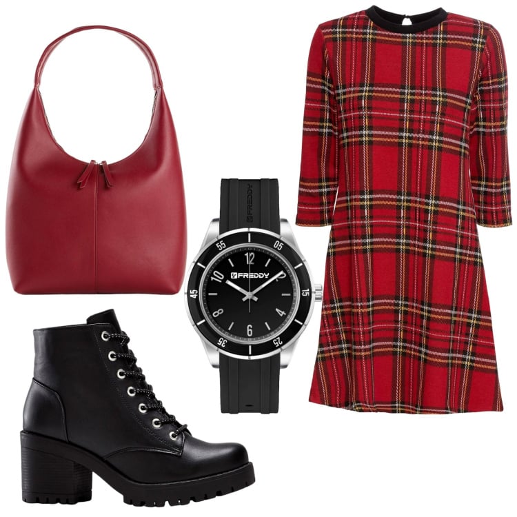 Outfit donna - Total look #2241188. Stile Rock per Tutti i giorni. Abbinamento con vestiti corti, stivaletti, shopping bag, orologi.