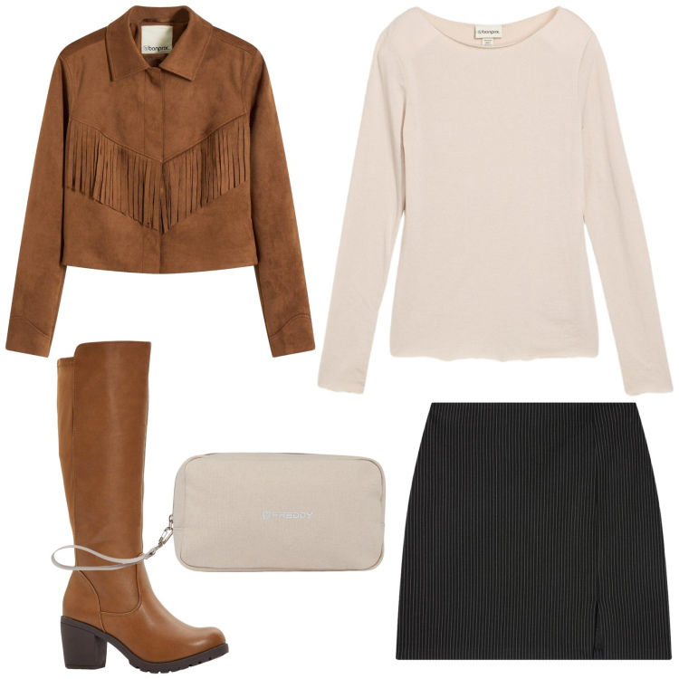 Outfit donna - La giacca trendy. Stile Trendy per Tutti i giorni. Abbinamento con stivali, blazer, maglieria, minigonne, valigie.