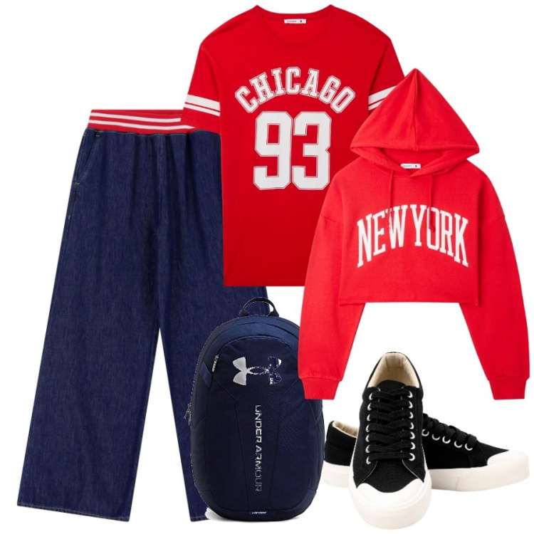Outfit donna - Preppy. Stile Preppy per Scuola/Università. Abbinamento con felpe con cappuccio, t-shirt, jeans, sneakers, zaini.