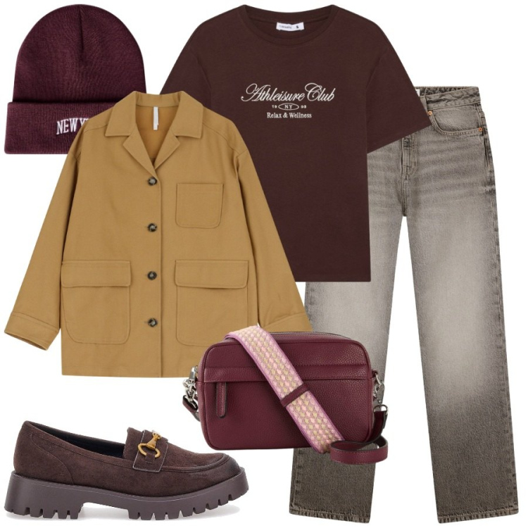 Outfit donna - Un viaggio a Londra. Stile Sporty chic per Tutti i giorni. Abbinamento con borse a tracolla, jeans dritti, t-shirt, berretti, cappotti, mocassini.