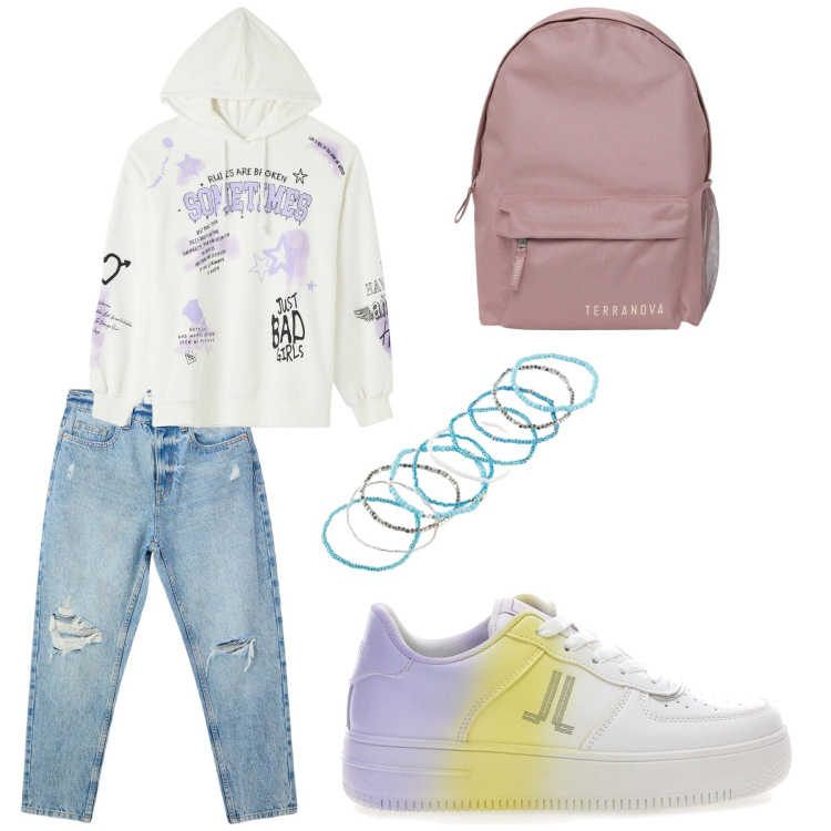Outfit donna - Scuola dolce scuola. Stile Casual per Scuola/Università. Abbinamento con braccialetti, felpe con cappuccio, jeans mom, zaini, sneakers.