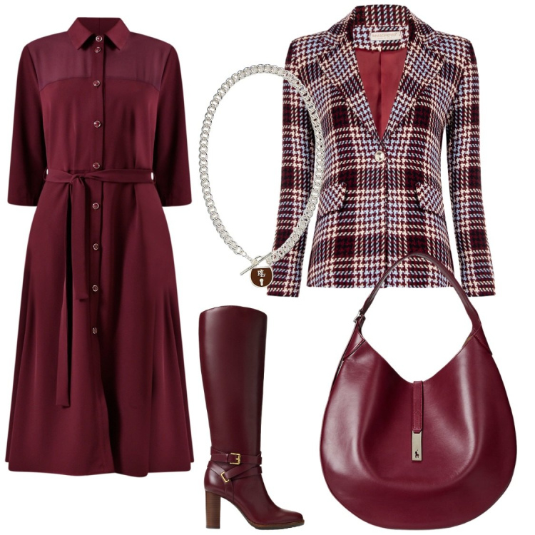 Outfit donna - Nuove tendenze: il ritorno del tartan. Stile Casual chic per Ufficio. Abbinamento con vestiti chemisier, blazer, stivali, borse a spalla, ciondoli.