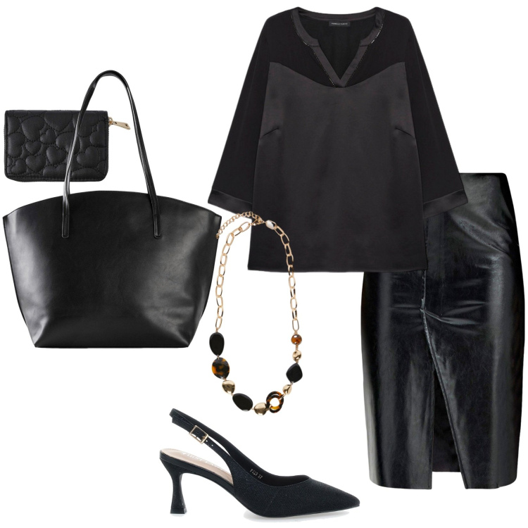Outfit donna - Autunno 2025. Stile Chic per Serata fuori. Abbinamento con shopping bag, gonne, portafogli, décolleté, collane, bluse.