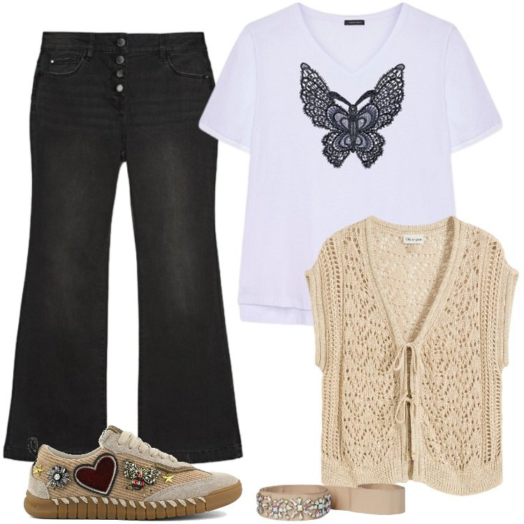 Outfit donna - Total look #2241254. Stile Boho per Ufficio. Abbinamento con maglieria, sneakers, t-shirt, jeans, cinture.