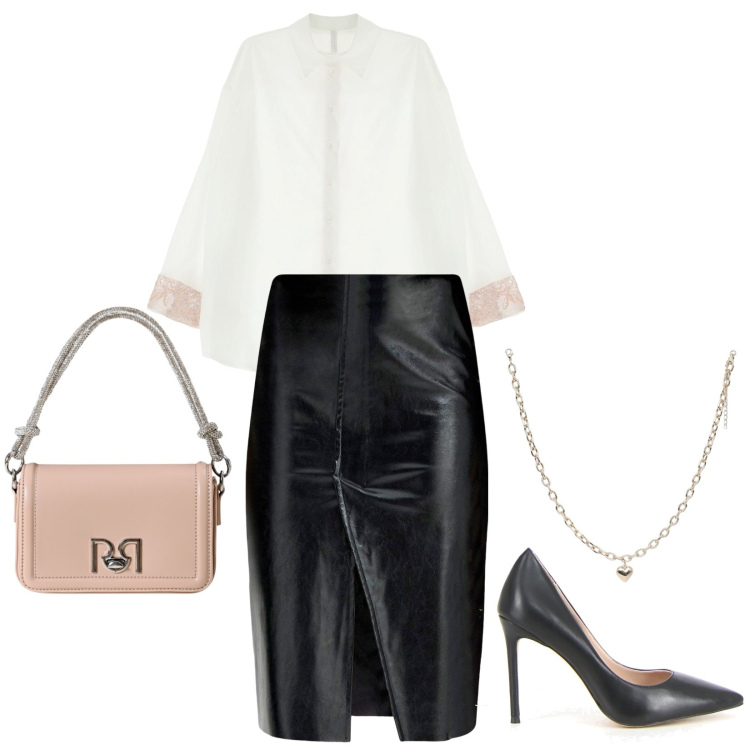 Outfit donna - Autunno 2025. Stile Chic per Serata fuori. Abbinamento con gonne, collane, borse a mano, camicie, décolleté.