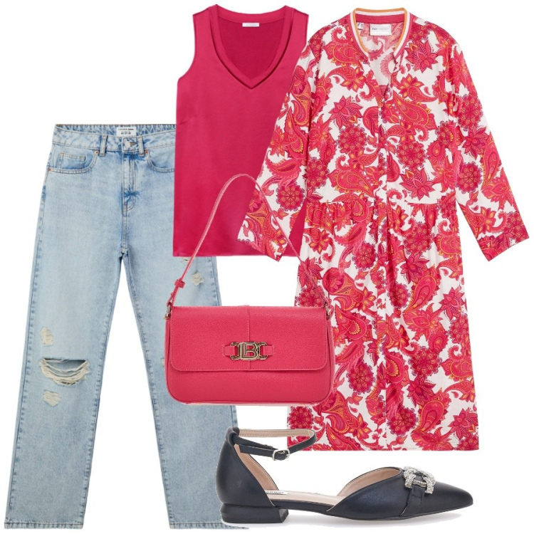 Outfit donna - Chemisier sopra i jeans. Stile Trendy per Tutti i giorni. Abbinamento con vestiti chemisier, jeans strappati, ballerine, borse a spalla, top.