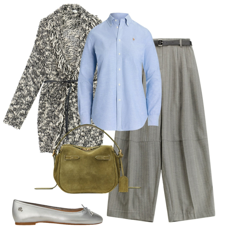 Outfit donna - Minimal chic autunnale. Stile Chic per Tutti i giorni. Abbinamento con pantaloni, cardigans, camicie, ballerine, borse a mano.