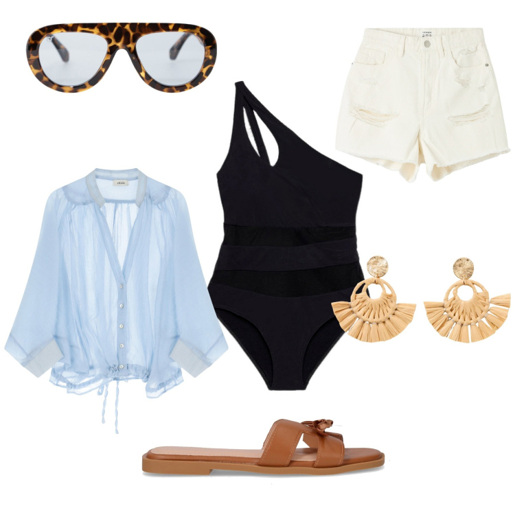 Outfit donna - Dall\'alba al tramonto. Stile Casual chic per Mare. Abbinamento con orecchini, shorts, occhiali da sole, camicie, costumi interi, ciabatte.