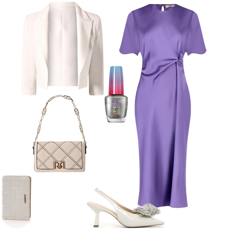 Outfit donna - Il viola in versione autunno. Stile Chic per Cerimonia. Abbinamento con smalti, vestiti midi/longuette, blazer, borse a tracolla, portafogli, décolleté.