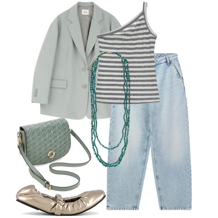 Outfit donna - Blazer season. Stile Bon Ton per Tutti i giorni. Abbinamento con jeans, top, blazer, collane, borse a tracolla, ballerine.
