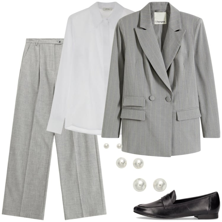 Outfit donna - Re Giorgio. Stile Mannish per Ufficio. Abbinamento con blazer, pantaloni, camicie, orecchini, mocassini.