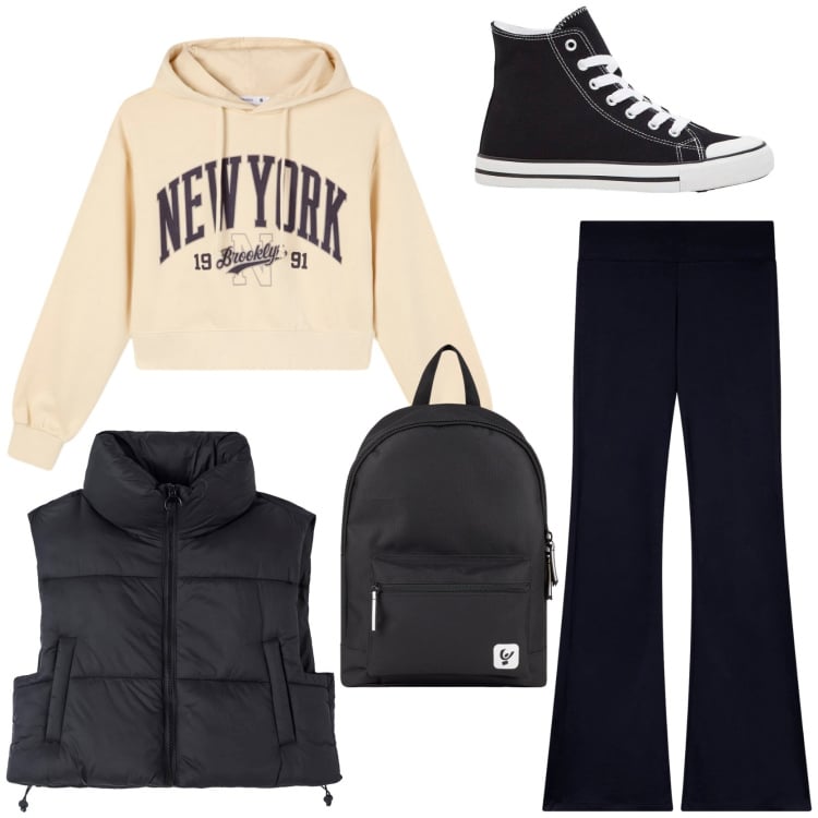 Outfit donna - Back to school. Stile Casual per Scuola/Università. Abbinamento con sneakers alte, piumini, leggings, felpe con cappuccio, zaini.