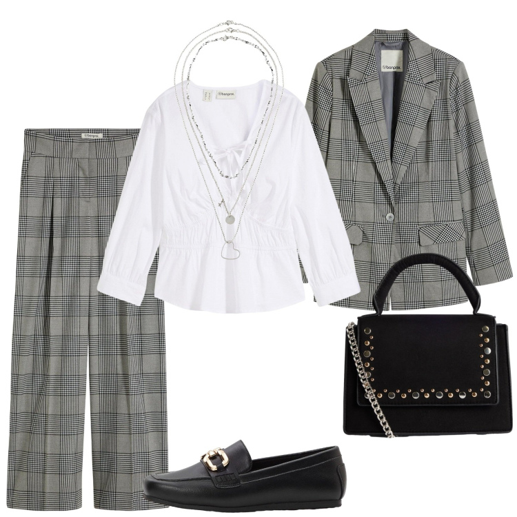 Outfit donna - Total look #2241294. Stile Casual chic per Ufficio. Abbinamento con blazer, collane, pantaloni, mocassini, bluse, borse a tracolla.