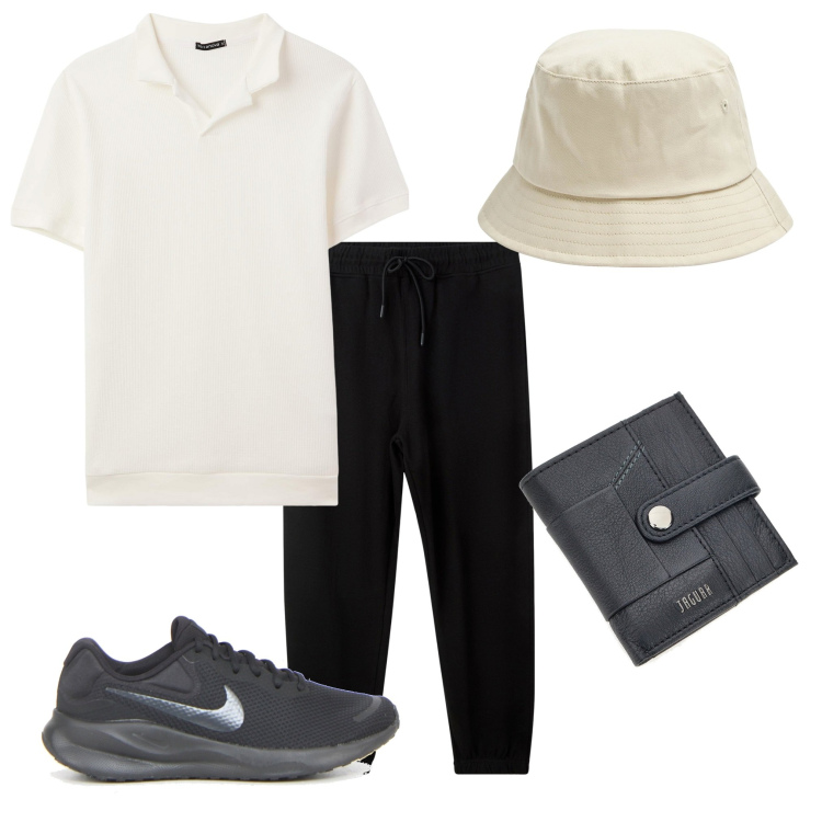 Outfit uomo - Bianco e nero 2. Stile Trendy per Tutti i giorni. Abbinamento con cappelli, pantaloni, polo, portafogli, sneakers.